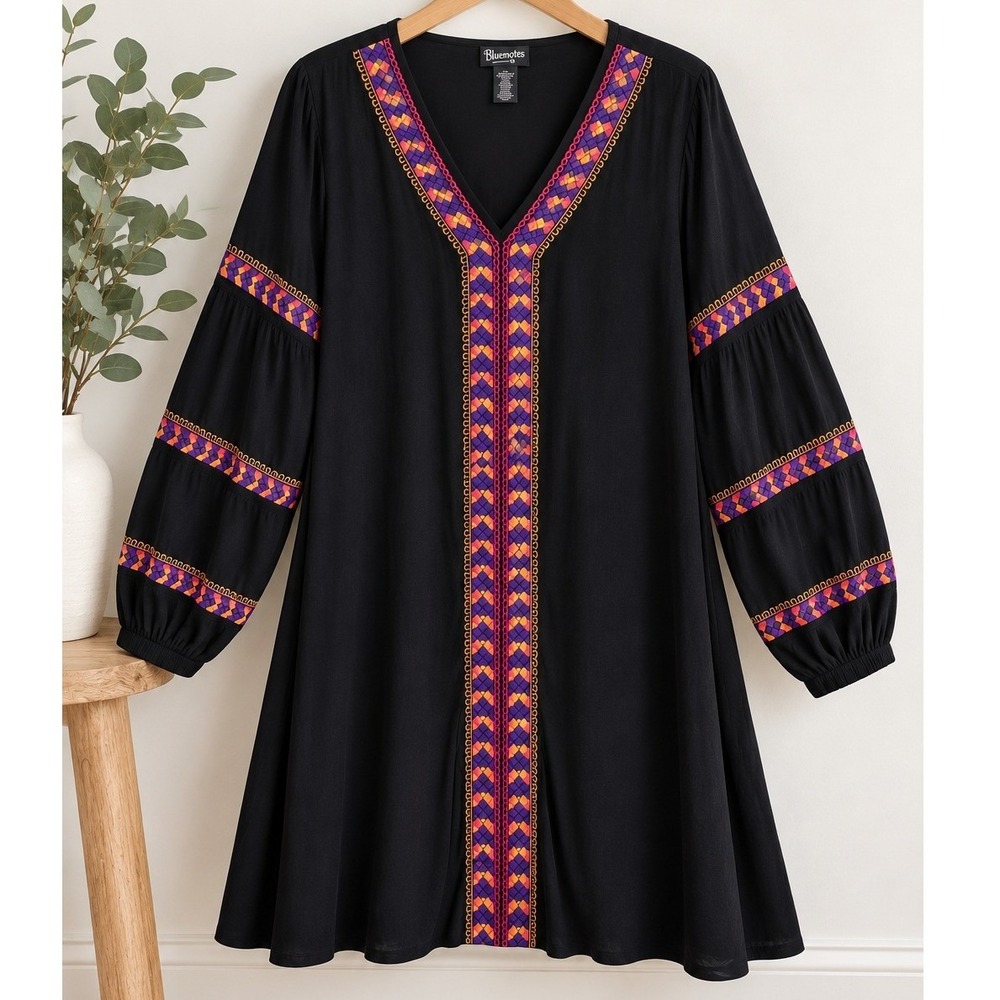 Wrangler Retro Embroidered Tunic Dress Womens XL Navy Blue V-Neck Western Boho